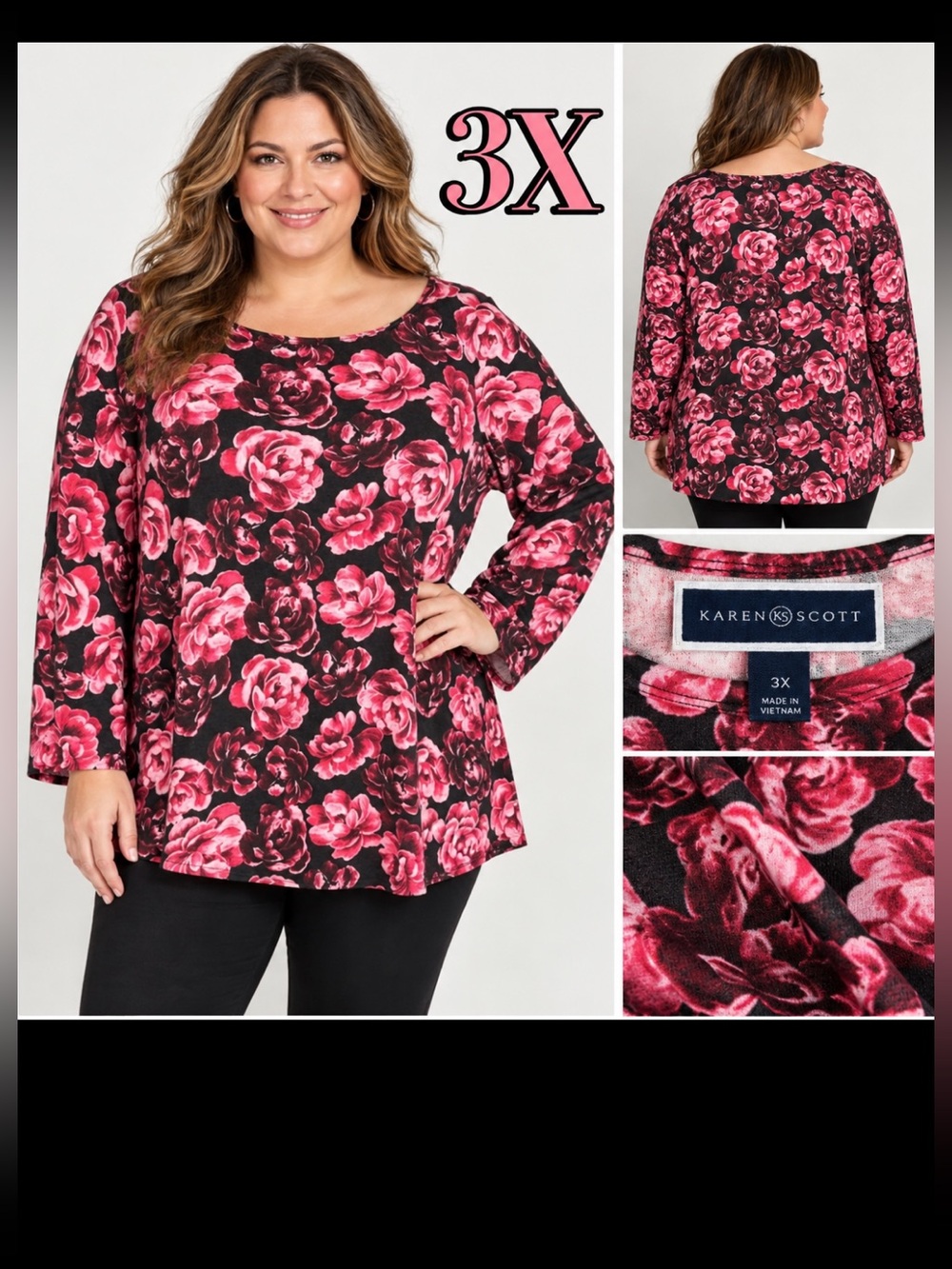 Women’s Pink Floral Boatneck Long Sleeve Top - Black Background Size 3X